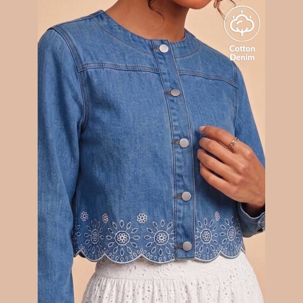 Blue Denim Embroidered Scallop Hem Button Front Crop Jacket
